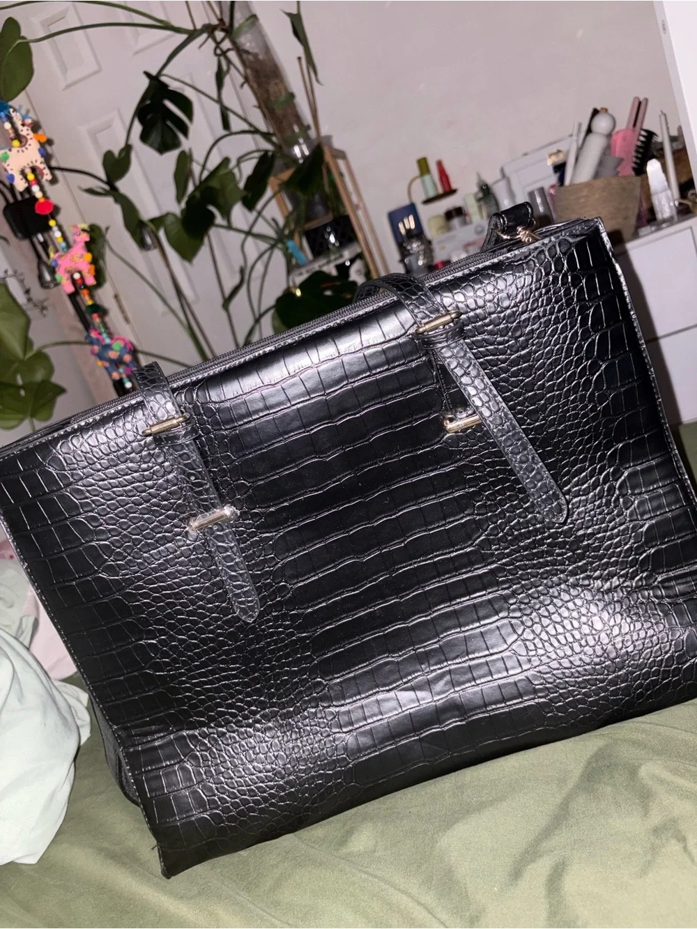 Black Croc-Embossed Laptop/Tote Bag - Women
